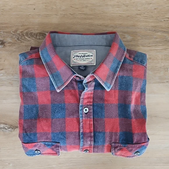 Flag & Anthem Navy Red Box Plaid Vintage Wash Button Up Shirt Mens Sz M - Picture 9 of 9